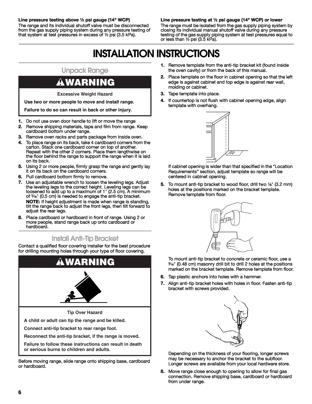 Whirlpool W10325493A installation instructions Installation Instructions, Unpack Range, Install Anti-Tip Bracket 