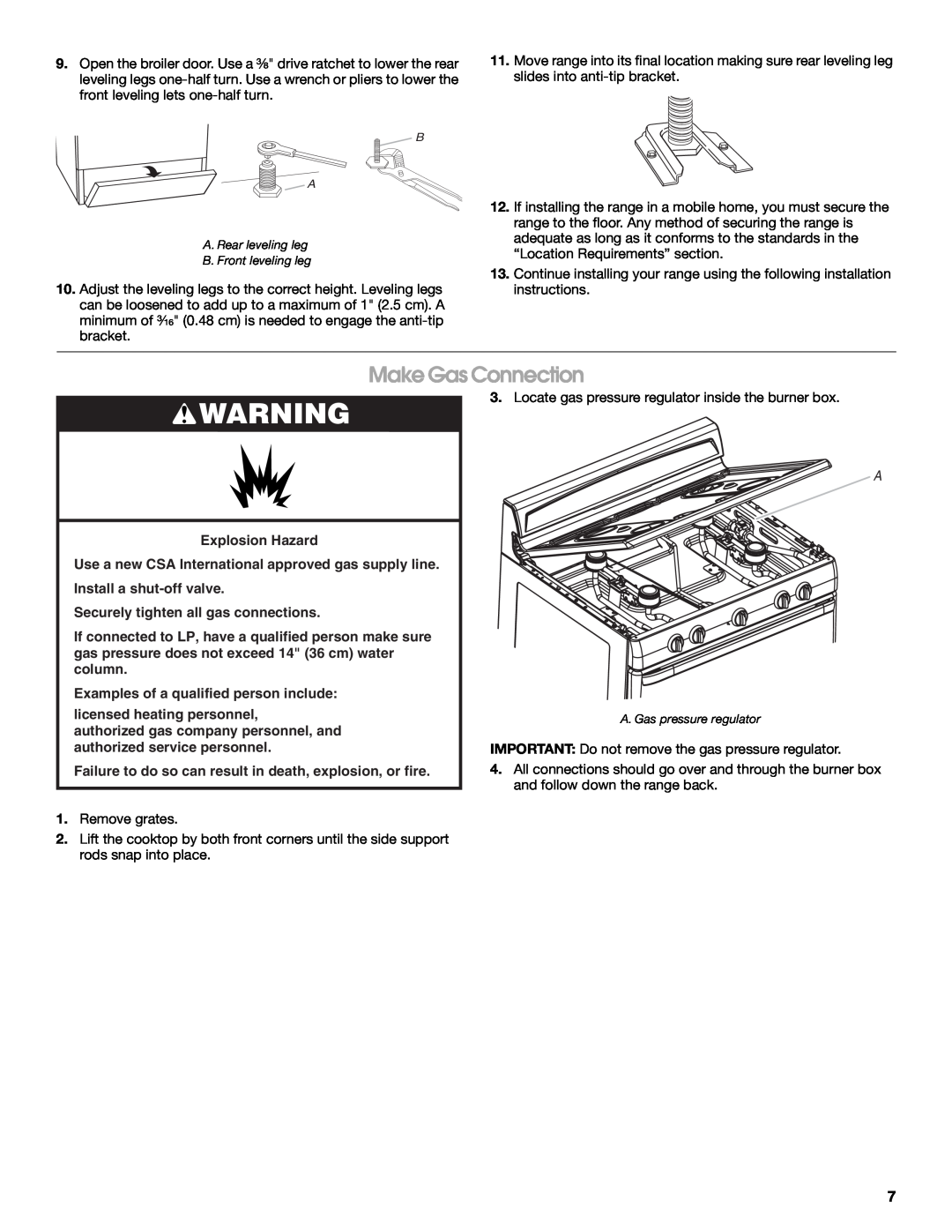 Whirlpool W10325493A installation instructions Make Gas Connection 