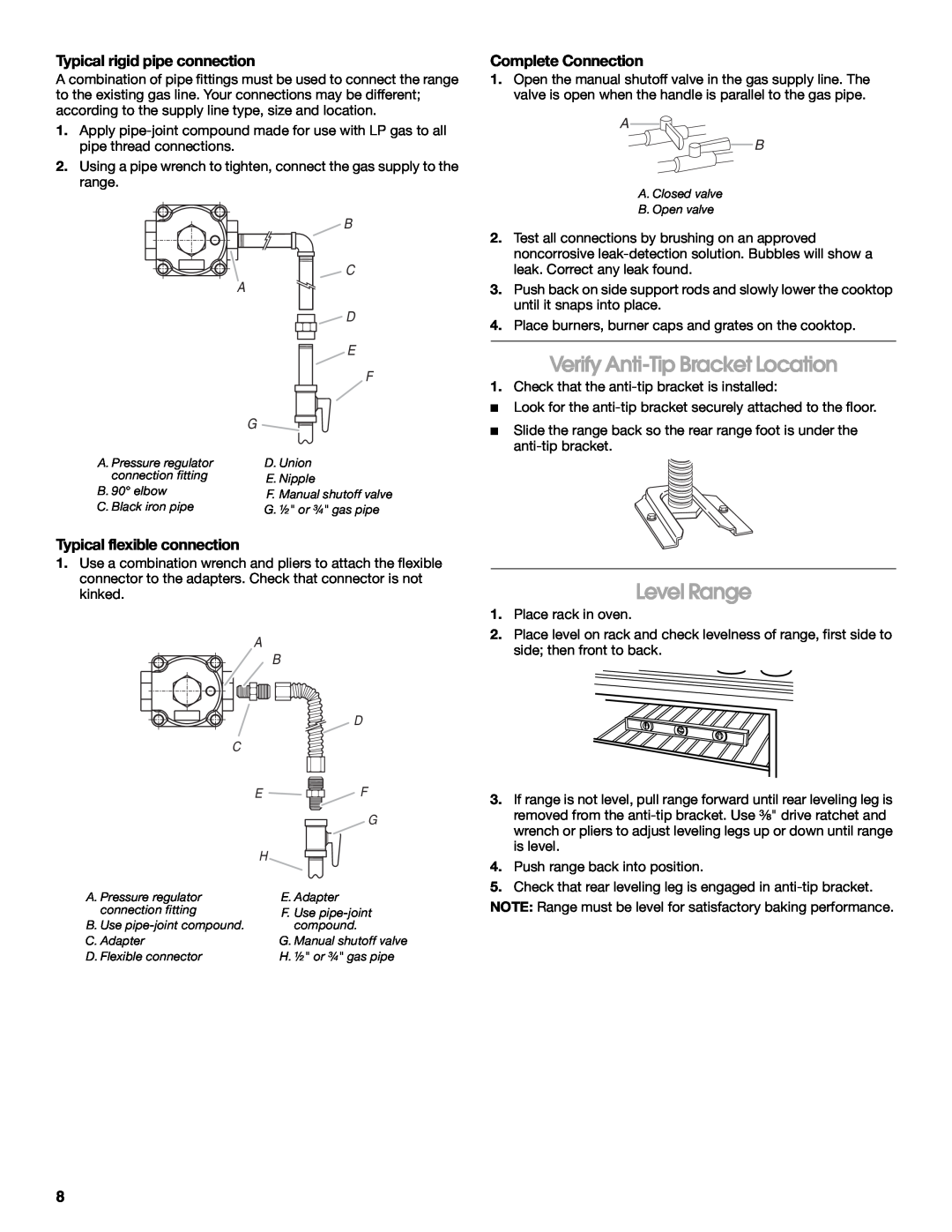 Whirlpool W10325493A Verify Anti-Tip Bracket Location, Level Range, Typical rigid pipe connection, Complete Connection 