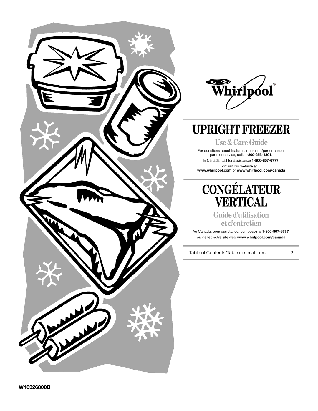 Whirlpool W10326800B manual Upright Freezer 