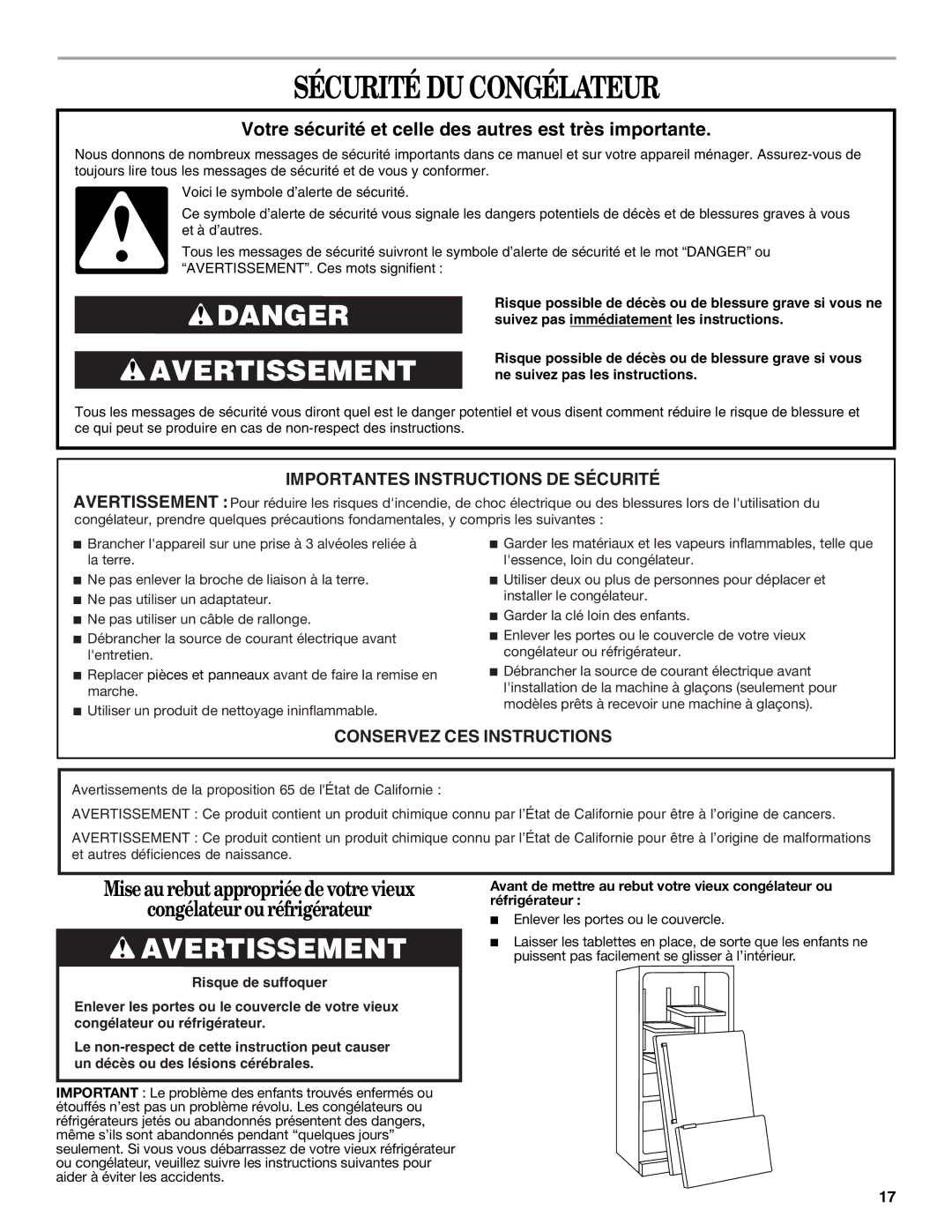 Whirlpool W10326800B manual Sécurité DU Congélateur, Votre sécurité et celle des autres est très importante 