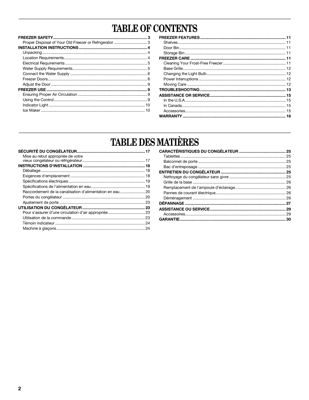 Whirlpool W10326800B manual Table of Contents, Table DES Matières 