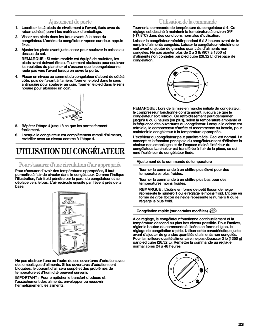 Whirlpool W10326800B manual Ajustement de porte, Utilisation de la commande, Ajustement de la commande de température 