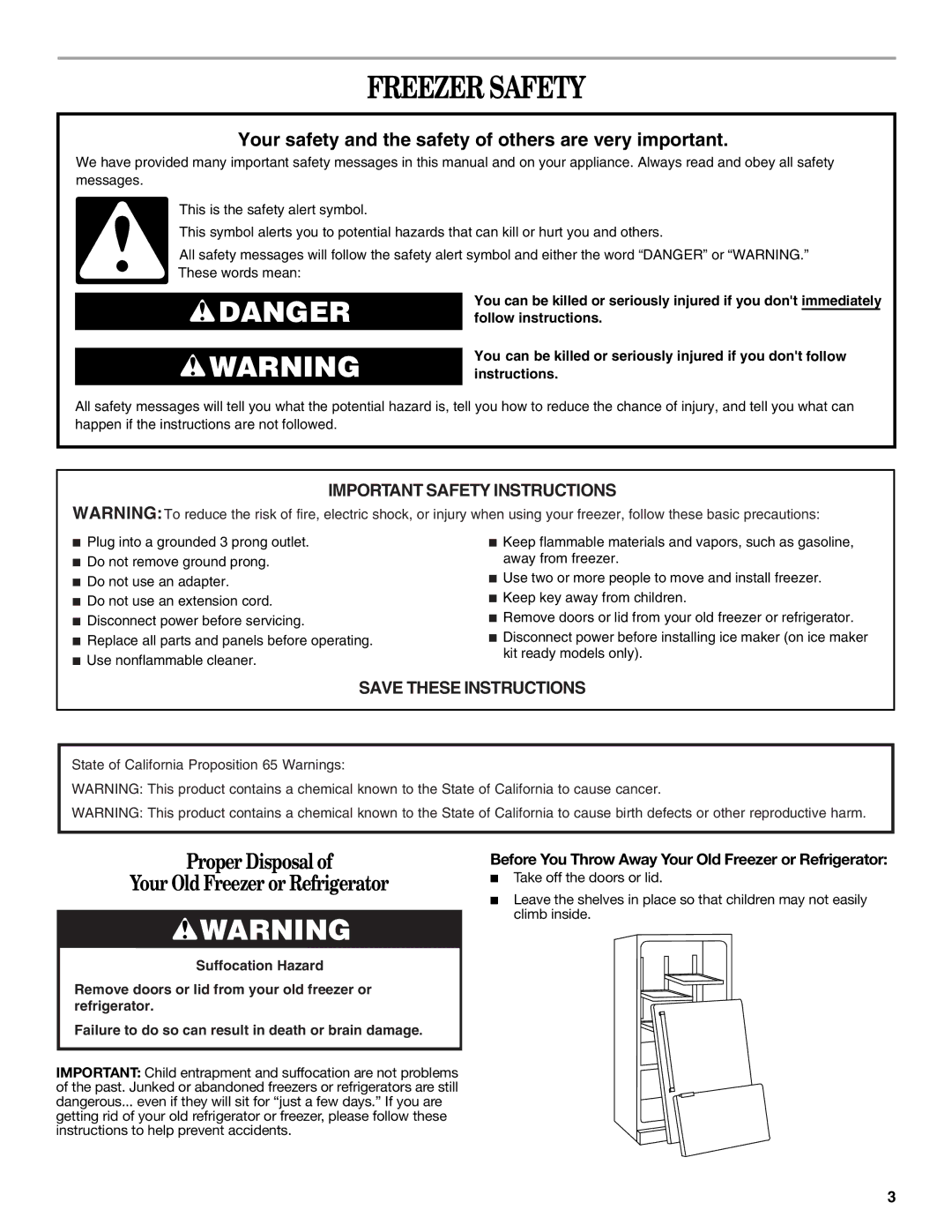 Whirlpool W10326800B manual Freezer Safety, Before You Throw Away Your Old Freezer or Refrigerator 