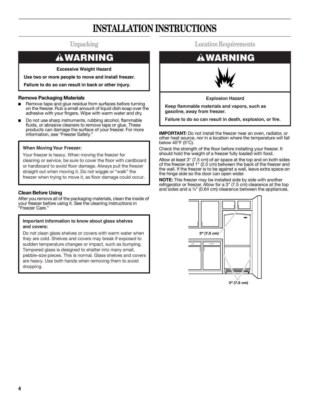 Whirlpool W10326800B manual Installation Instructions, Unpacking, LocationRequirements, Remove Packaging Materials 