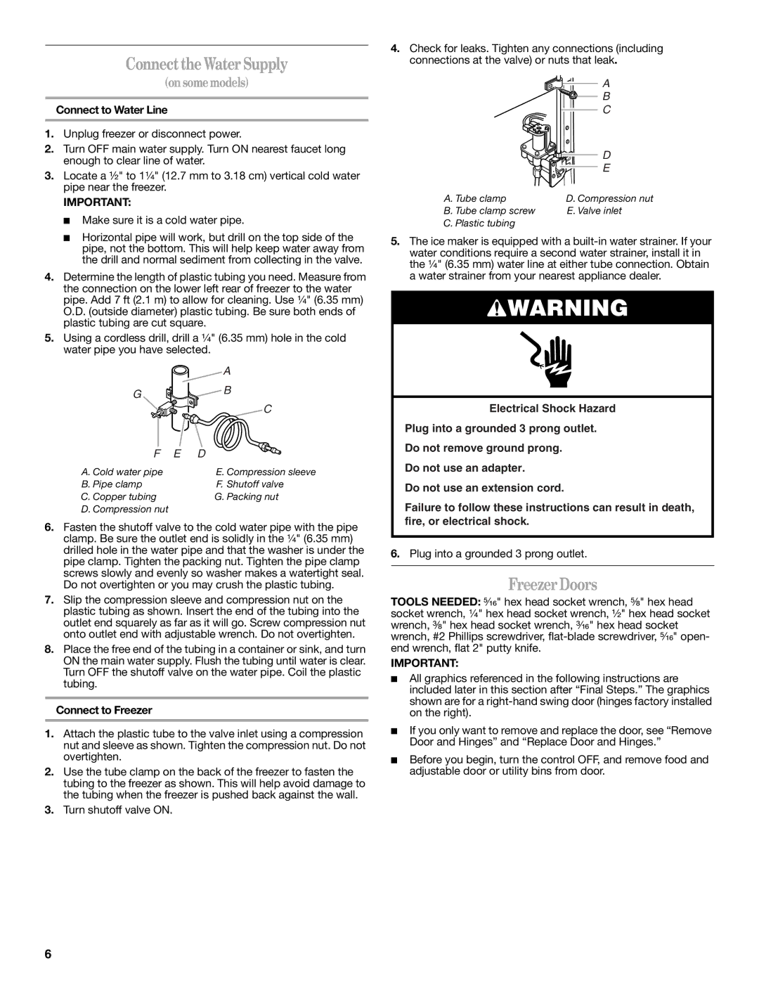 Whirlpool W10326800B manual Connect the Water Supply, Freezer Doors, Connect to Water Line, Connect to Freezer 