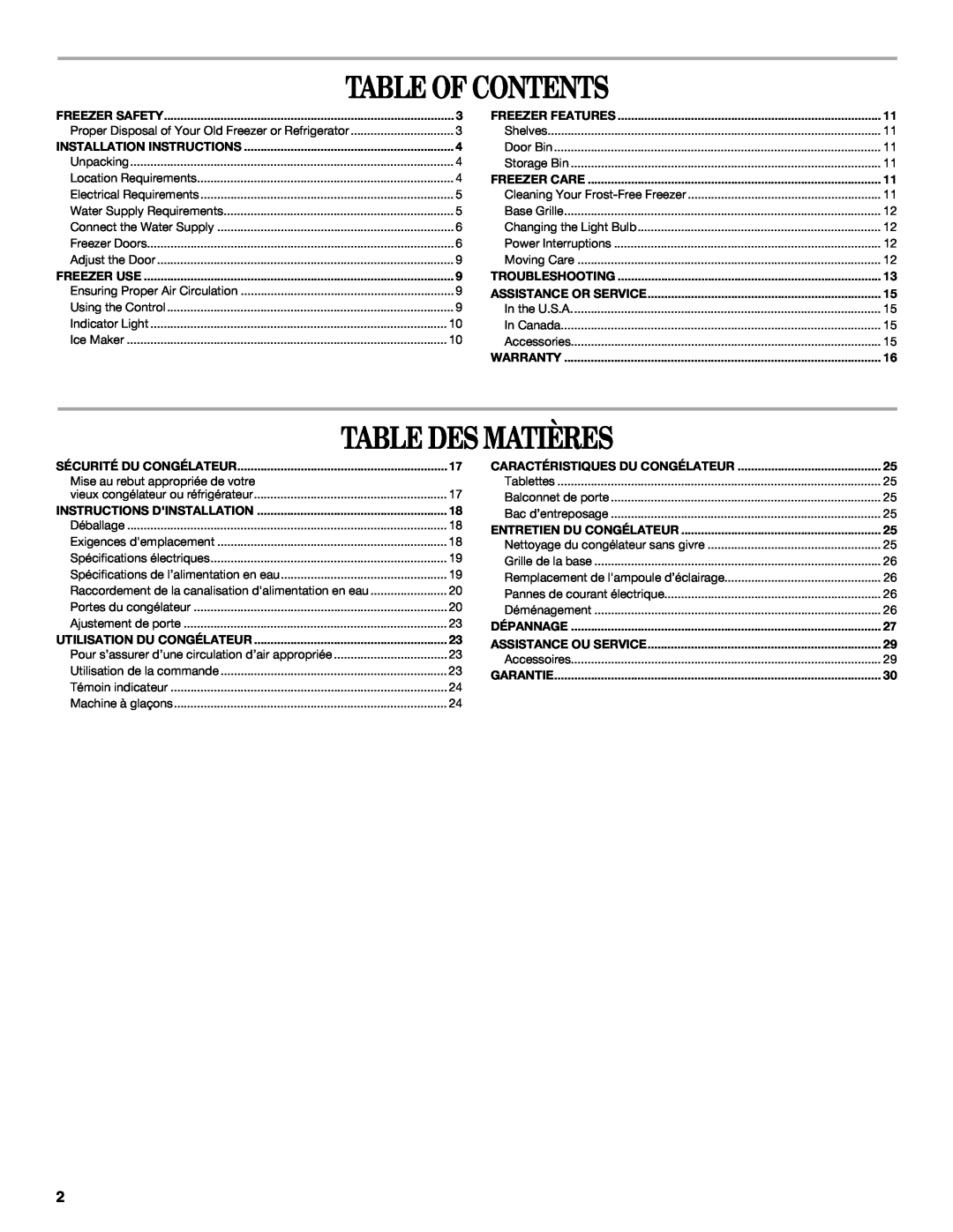 Whirlpool W10326800B manual Table Of Contents, Table Des Matières, Sécurité Du Congélateur, Instructions Dinstallation 