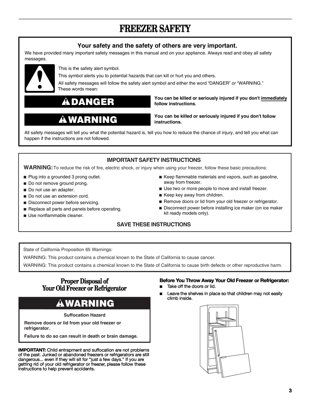 Whirlpool W10326800B Freezer Safety, Danger, Proper Disposal of Your Old Freezer or Refrigerator, Save These Instructions 