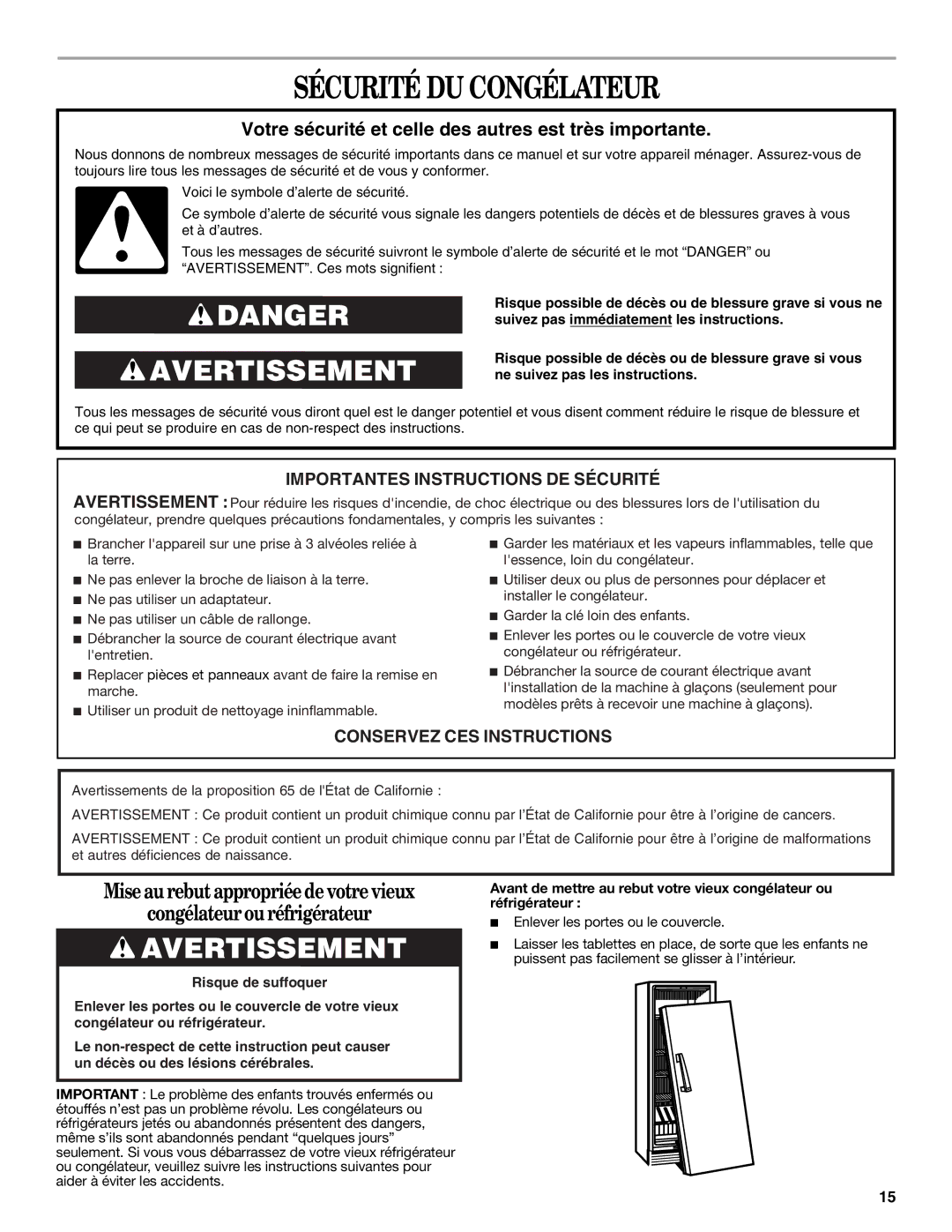 Whirlpool W10326801A manual Sécurité DU Congélateur, Votre sécurité et celle des autres est très importante 