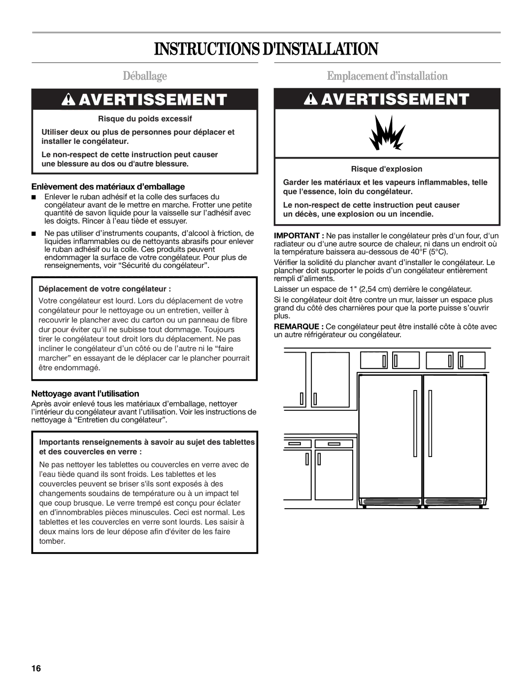 Whirlpool W10326801A Instructions Dinstallation, Déballage, Emplacement d’installation, Nettoyage avant l’utilisation 