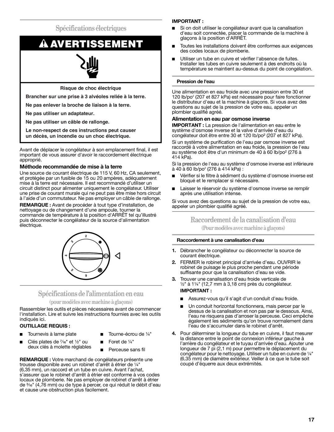 Whirlpool W10326801A manual Spécificationsélectriques, Spécifications de l’alimentationen eau 