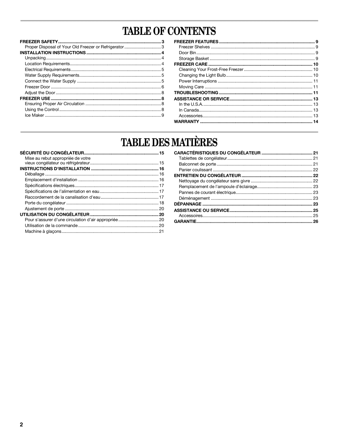 Whirlpool W10326801A manual Table of Contents, Table DES Matières 