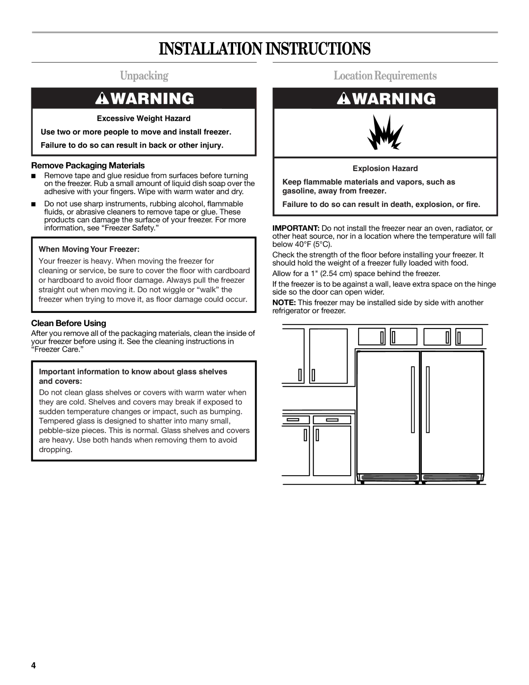 Whirlpool W10326801A manual Installation Instructions, Unpacking, LocationRequirements, Remove Packaging Materials 