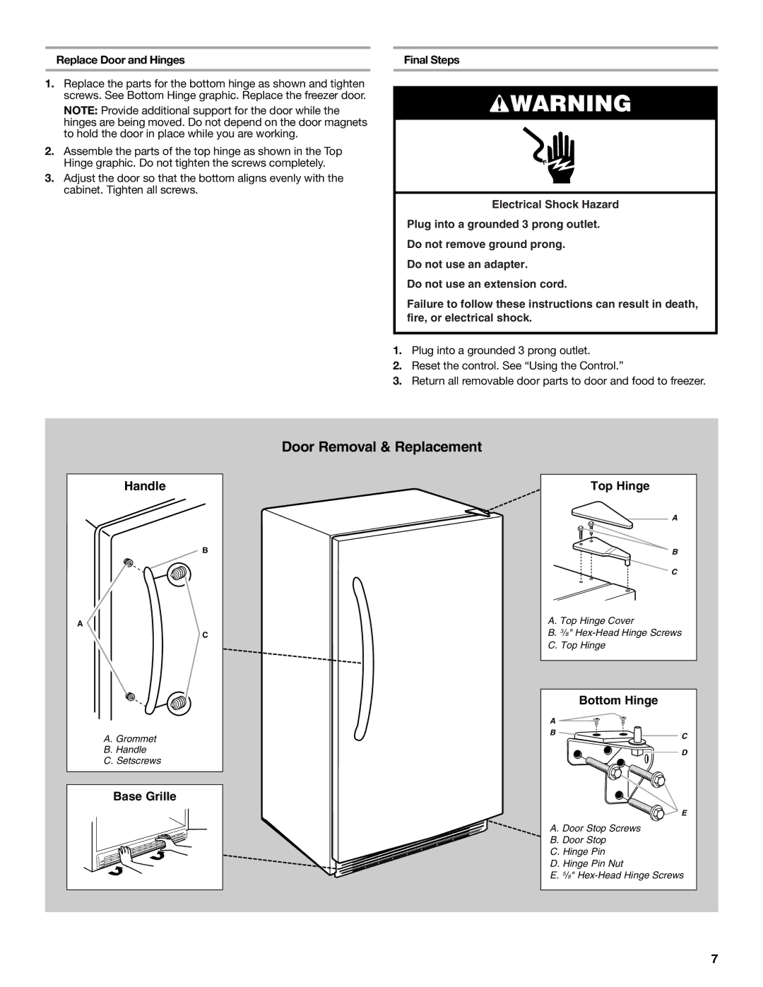 Whirlpool W10326801A manual Door Removal & Replacement, Replace Door and Hinges 