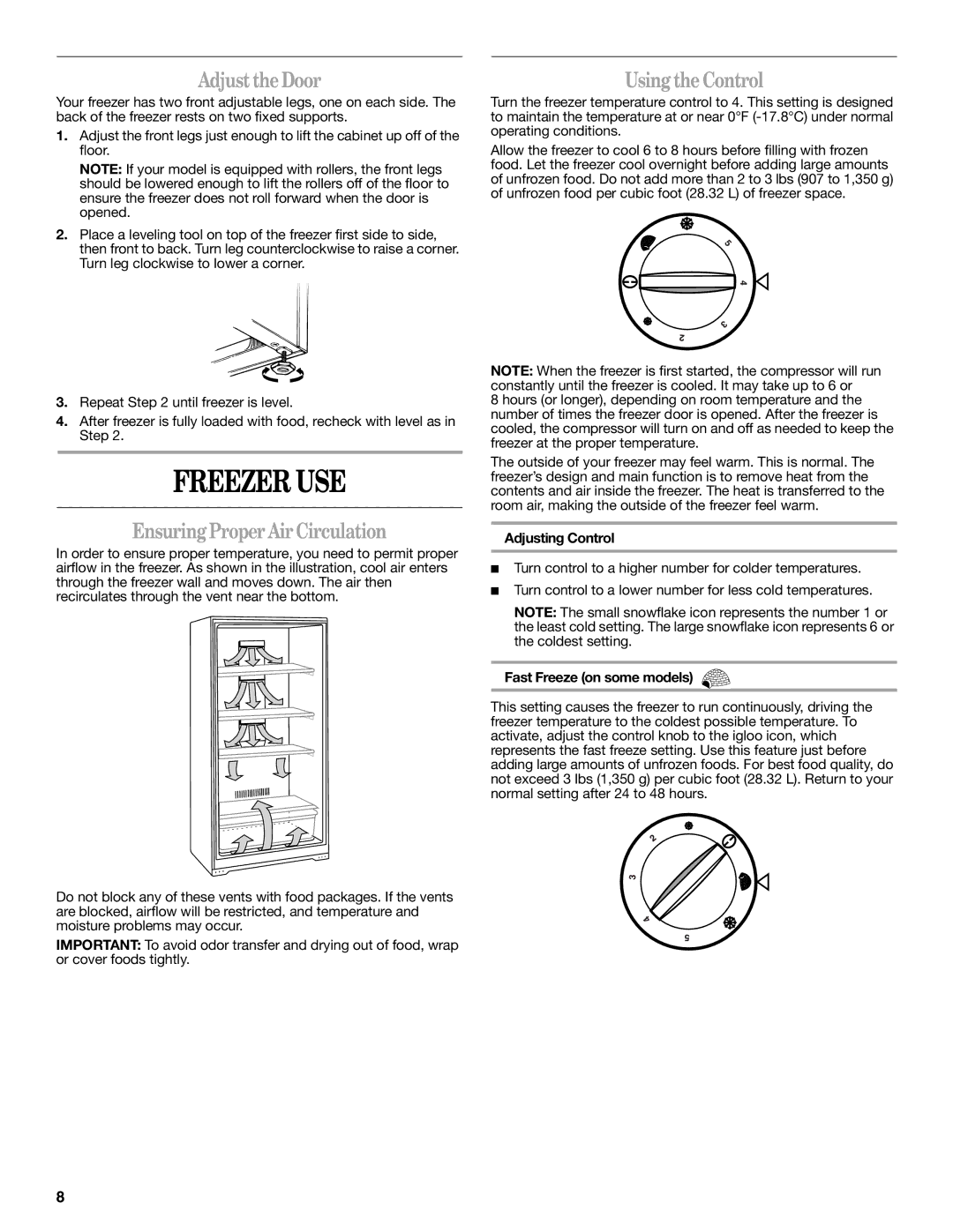 Whirlpool W10326801A manual Freezer USE, Adjust the Door, Ensuring Proper Air Circulation, Using the Control 