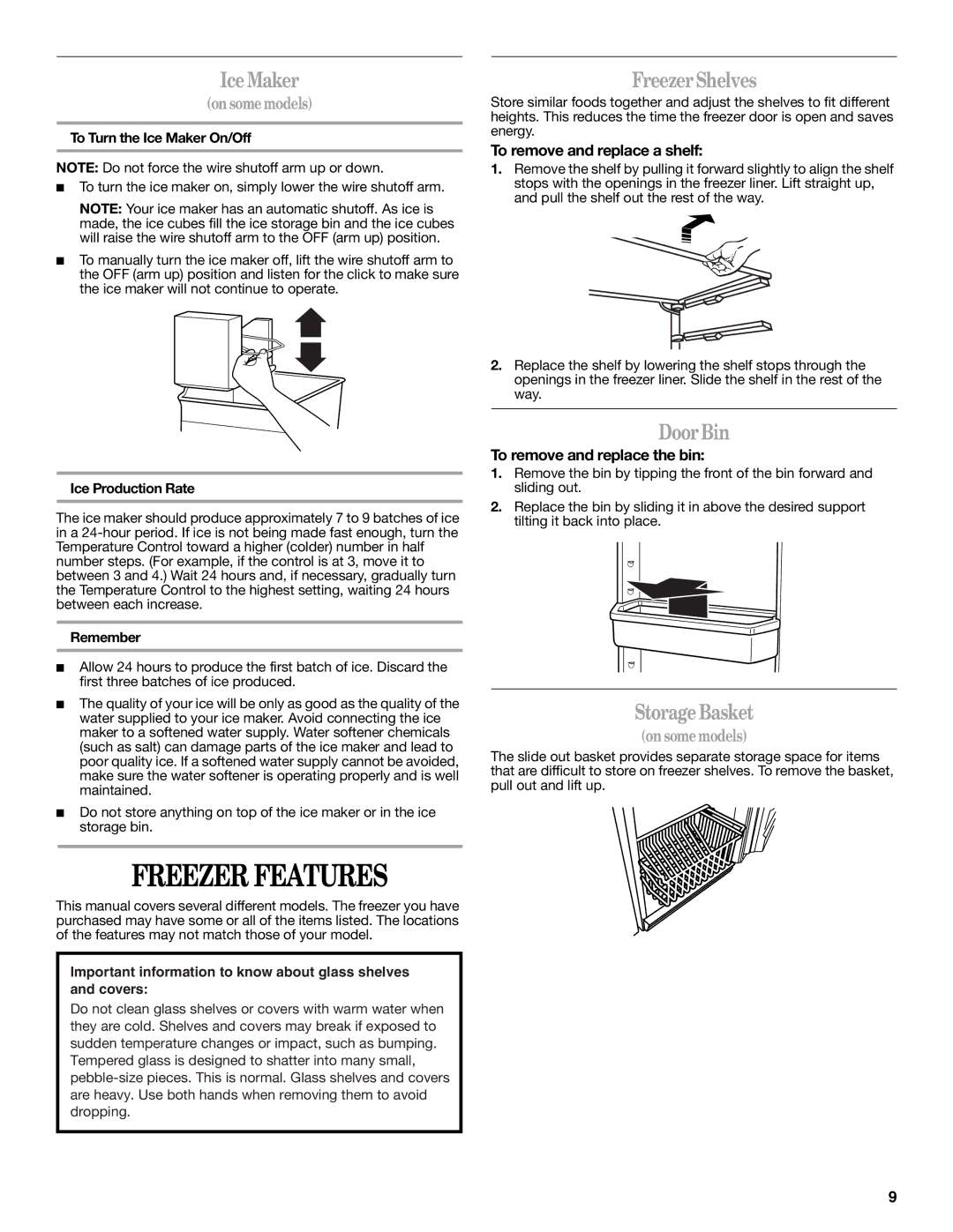 Whirlpool W10326801A manual Freezer Features, Ice Maker, Freezer Shelves, Door Bin, Storage Basket 