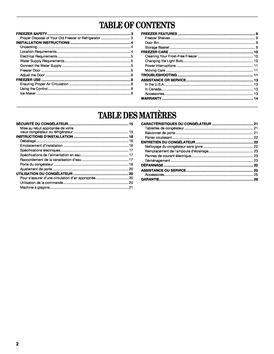 Whirlpool W10326801A manual Table Of Contents, Table Des Matières 