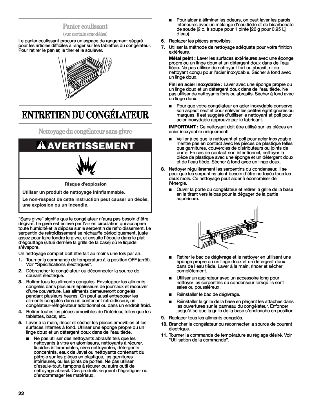 Whirlpool W10326801A manual Entretien Du Congélateur, Panier coulissant, Nettoyage du congélateur sans givre, Avertissement 