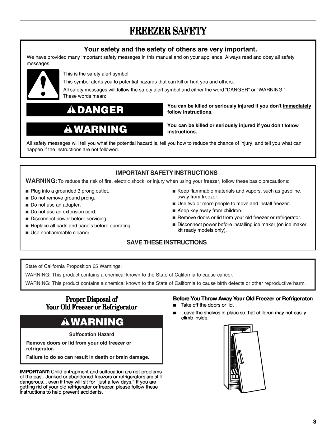 Whirlpool W10326801A Freezer Safety, Danger, Proper Disposal of Your Old Freezer or Refrigerator, Save These Instructions 