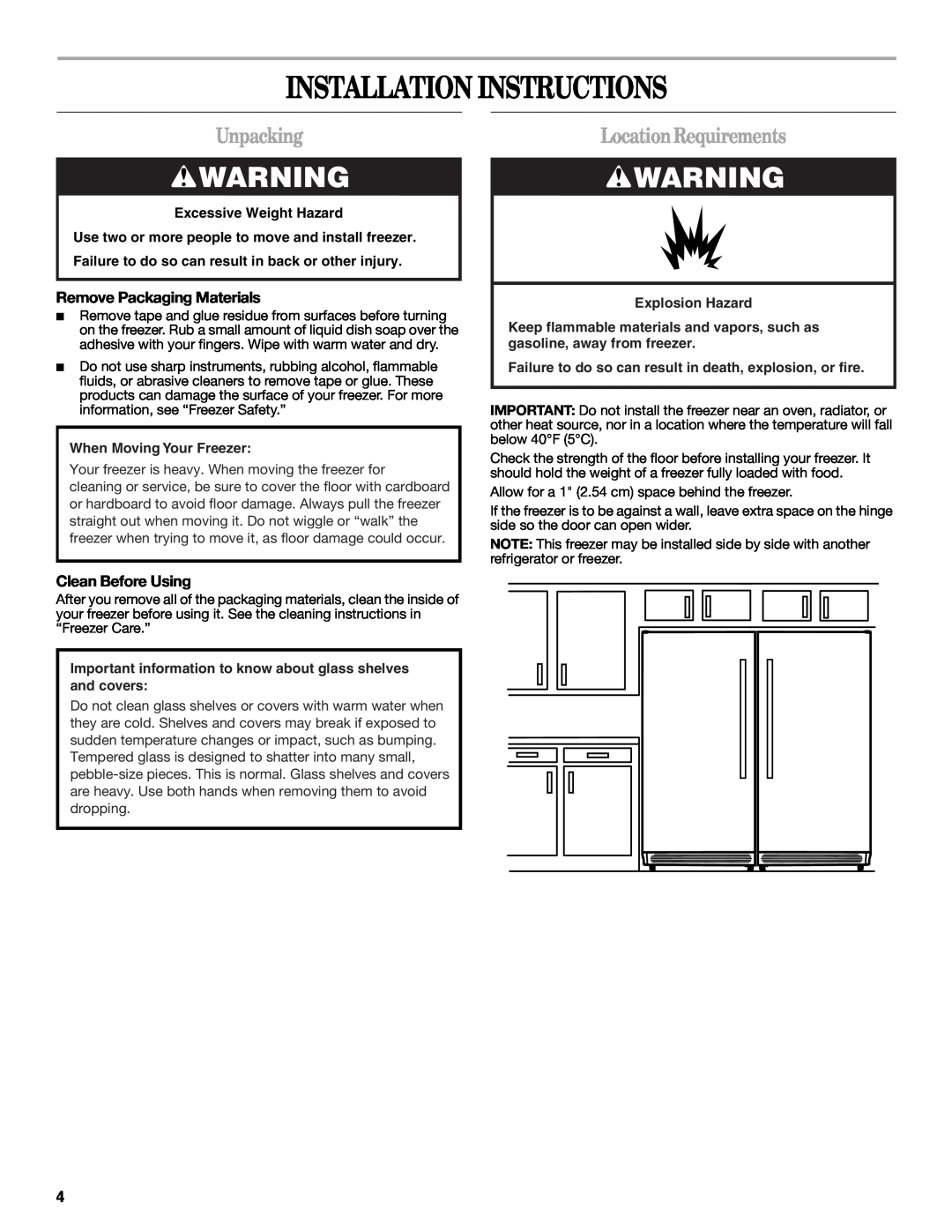 Whirlpool W10326801A manual Installation Instructions, Unpacking, LocationRequirements, Remove Packaging Materials 