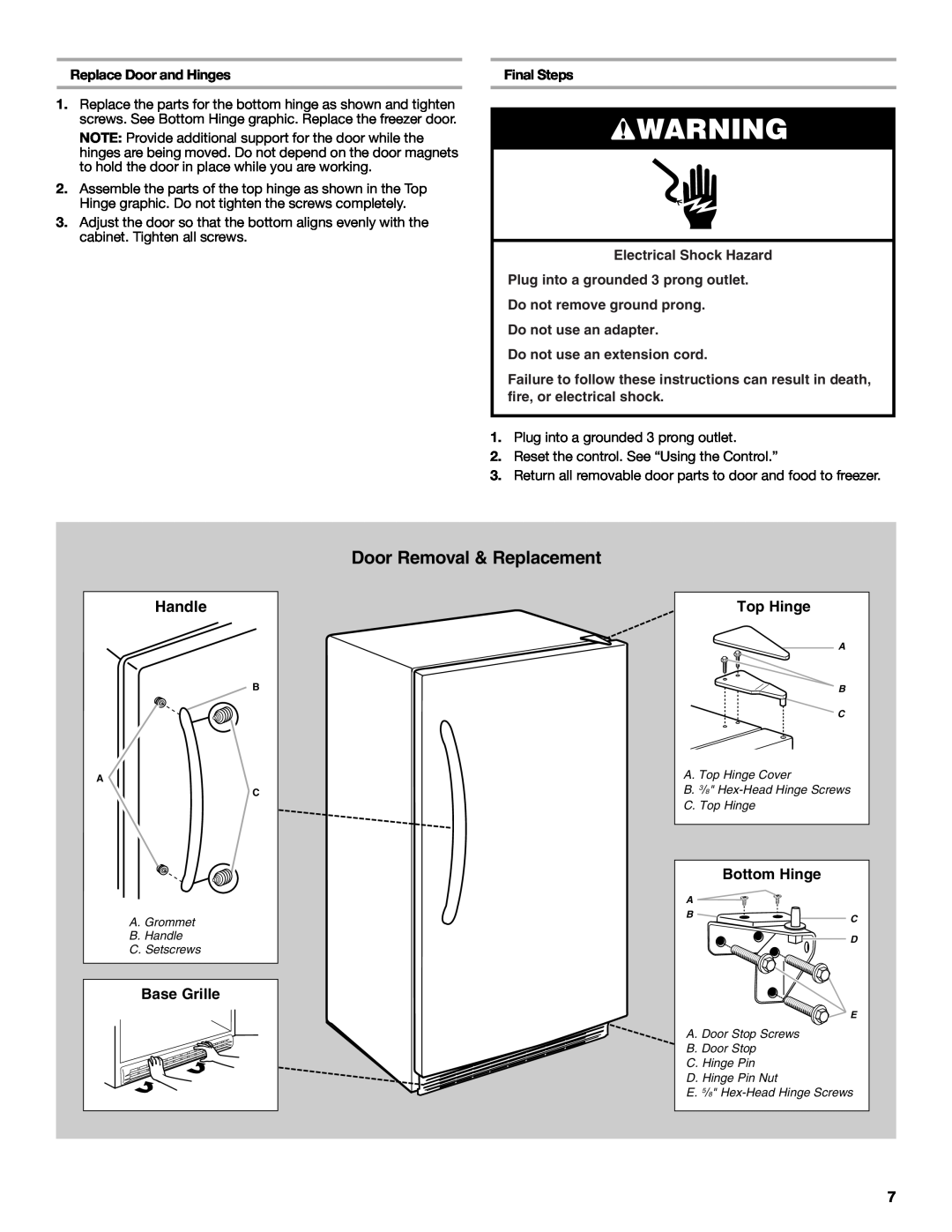 Whirlpool W10326801A Door Removal & Replacement, Handle, Top Hinge, Replace Door and Hinges, Final Steps, Base Grille 