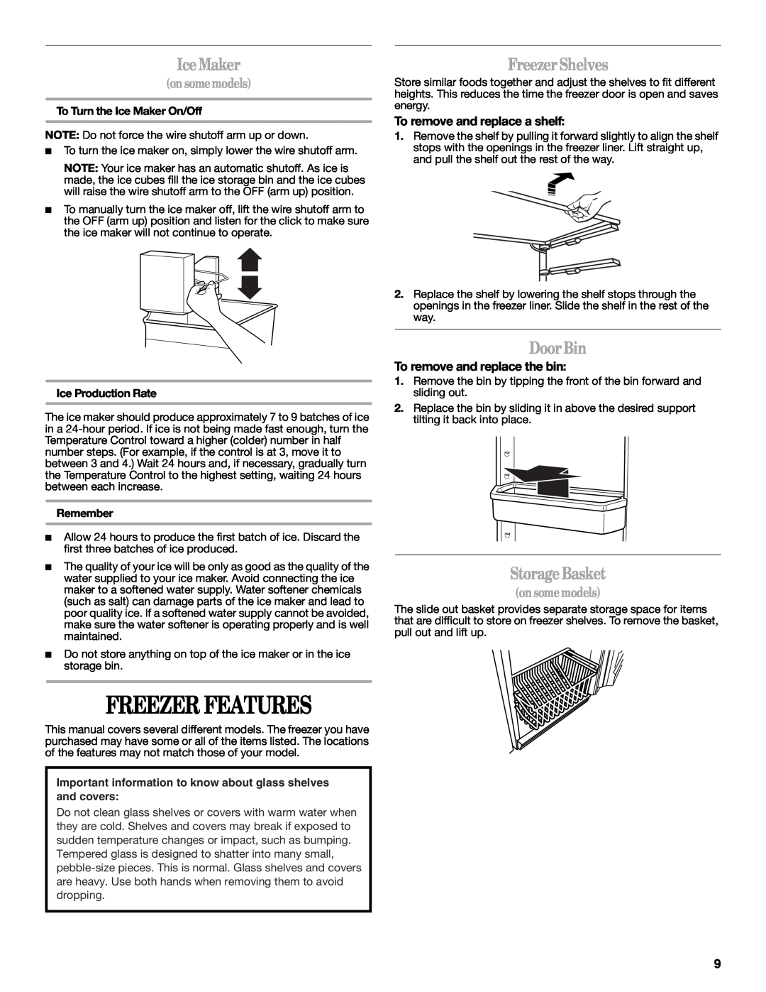 Whirlpool W10326801A manual Freezer Features, Ice Maker, Freezer Shelves, Door Bin, Storage Basket, on somemodels, Remember 