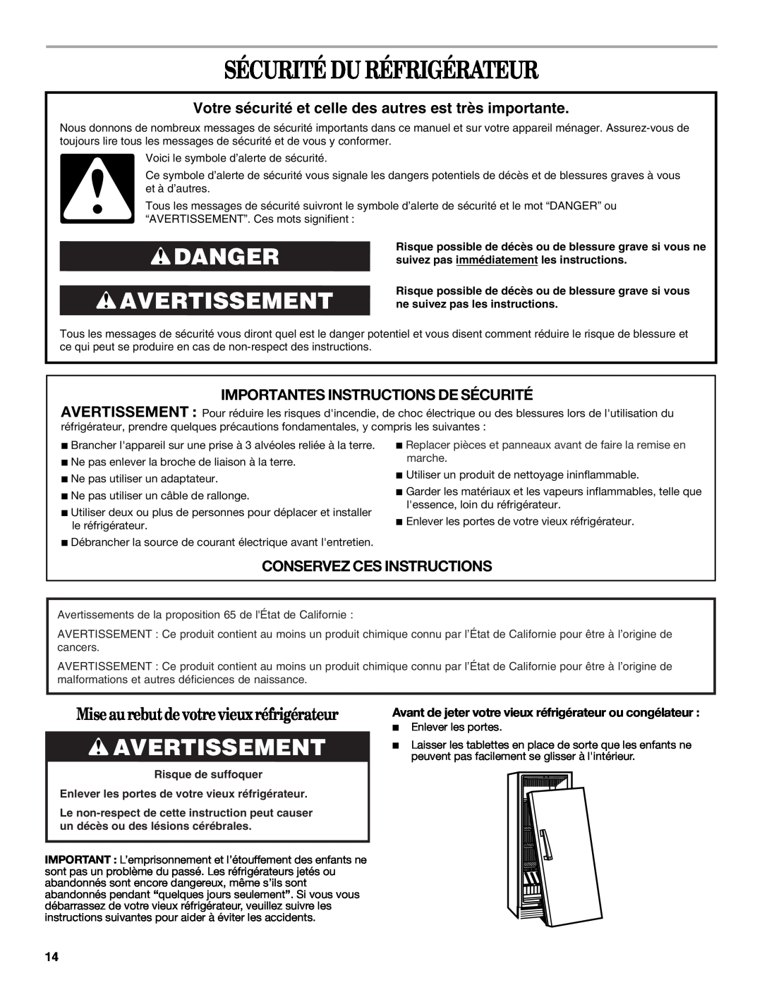 Whirlpool W10326802B manual Sécurité Du Réfrigérateur, Danger Avertissement, Importantes Instructions De Sécurité 