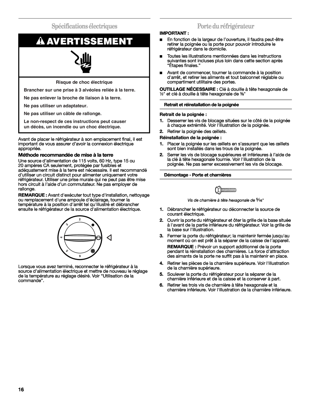Whirlpool W10326802B manual Spécificationsélectriques, Porte du réfrigérateur, Méthode recommandée de mise à la terre 
