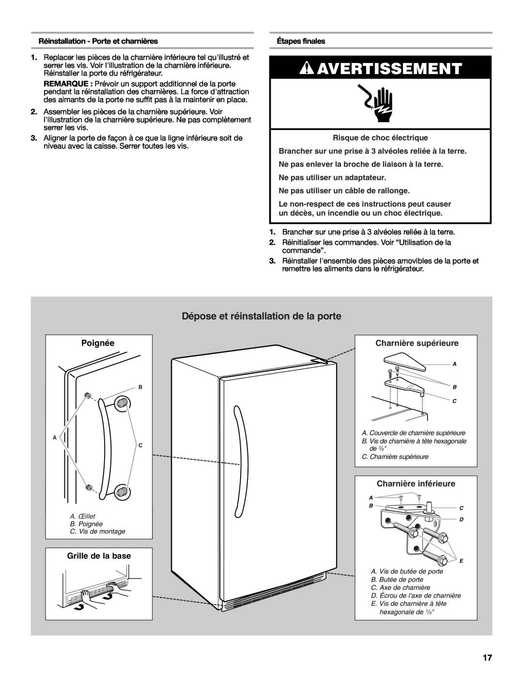 Whirlpool W10326802B manual Dépose et réinstallation de la porte, Poignée, Charnière supérieure, Charnière inférieure 