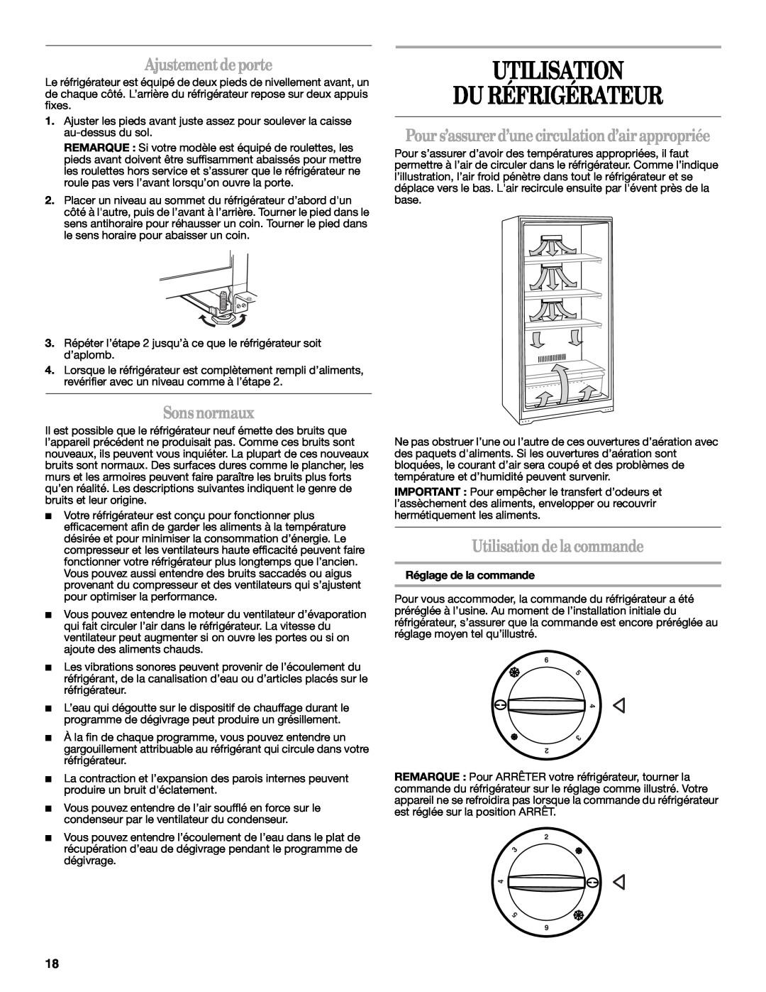 Whirlpool W10326802B manual Utilisation Du Réfrigérateur, Ajustement de porte, Sons normaux, Utilisation de la commande 