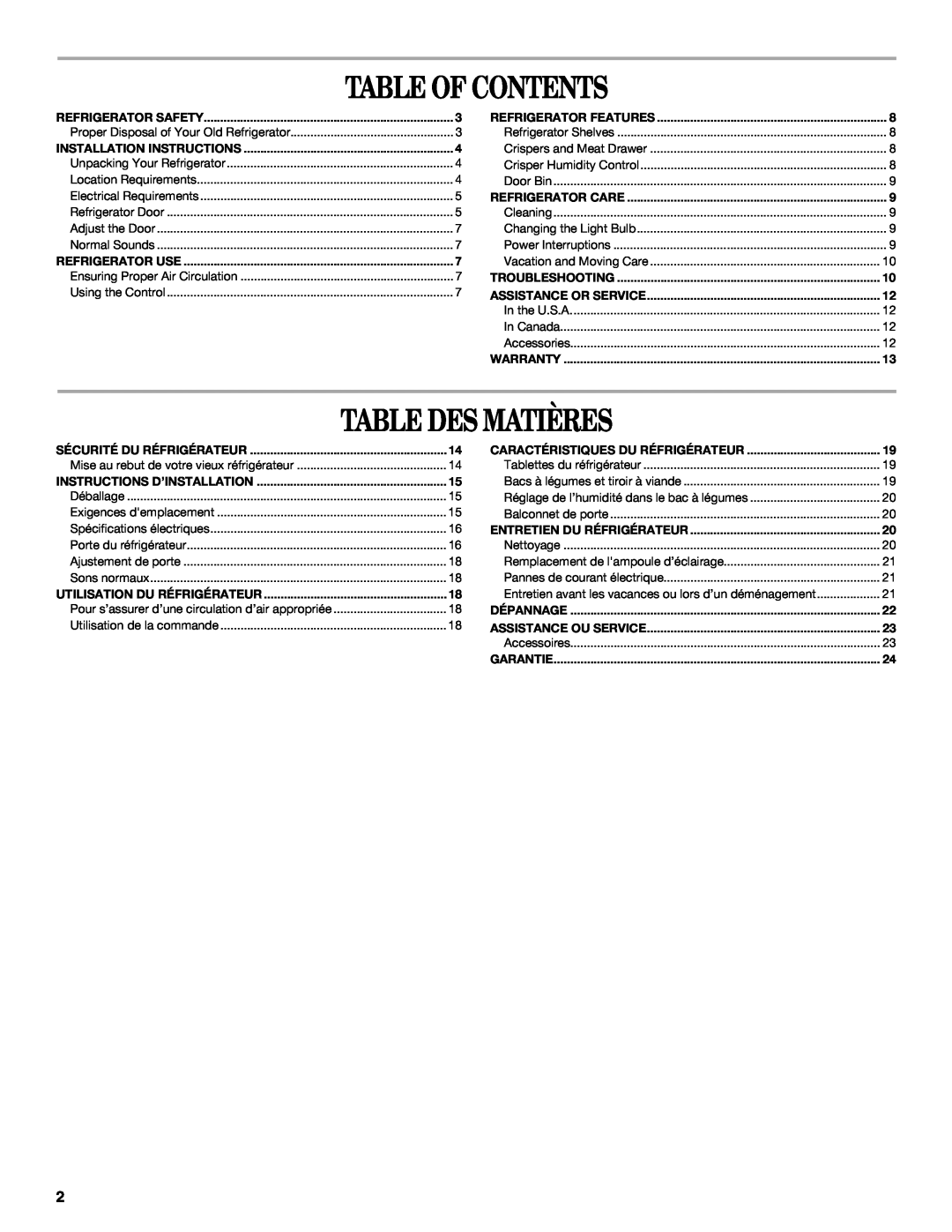 Whirlpool W10326802B manual Table Of Contents, Table Des Matières, Installation Instructions, Sécurité Du Réfrigérateur 