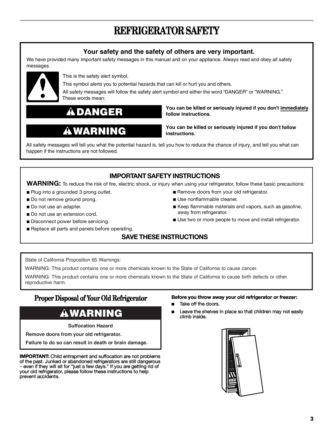 Whirlpool W10326802B manual Refrigerator Safety, Danger, Your safety and the safety of others are very important 