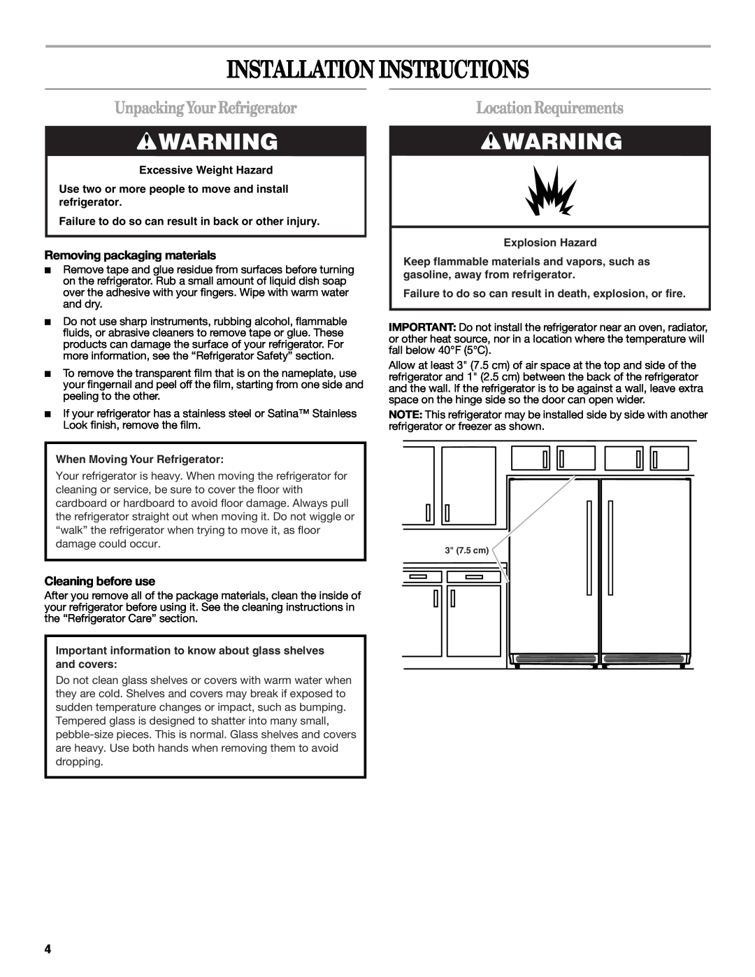 Whirlpool W10326802B Installation Instructions, Unpacking Your Refrigerator, LocationRequirements, Cleaning before use 