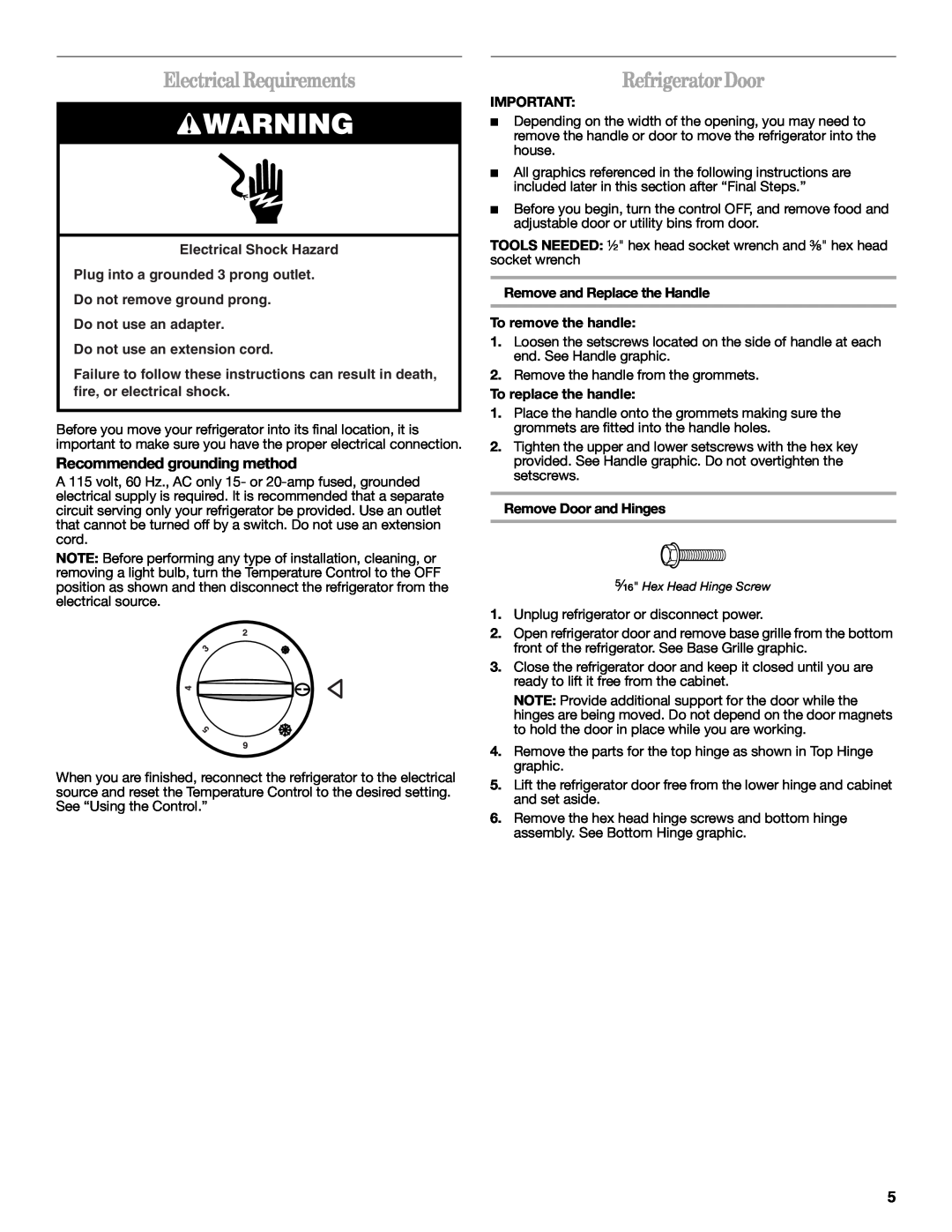 Whirlpool W10326802B manual Electrical Requirements, Refrigerator Door, Recommended grounding method, To replace the handle 
