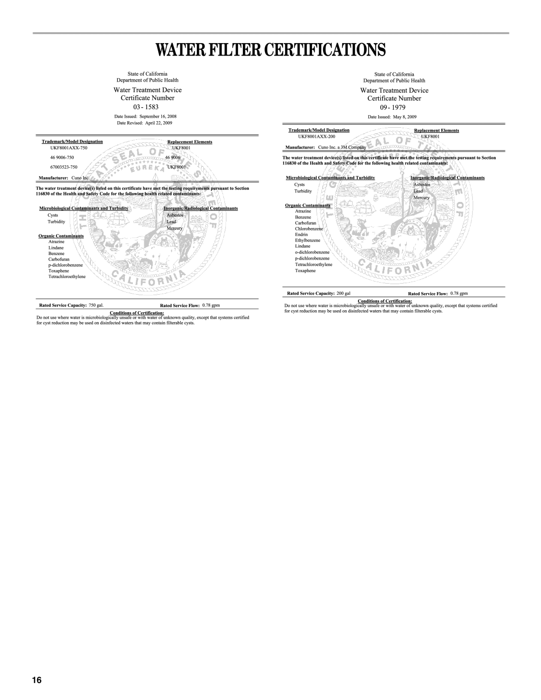 Whirlpool W10329360A installation instructions Water Filter Certifications 