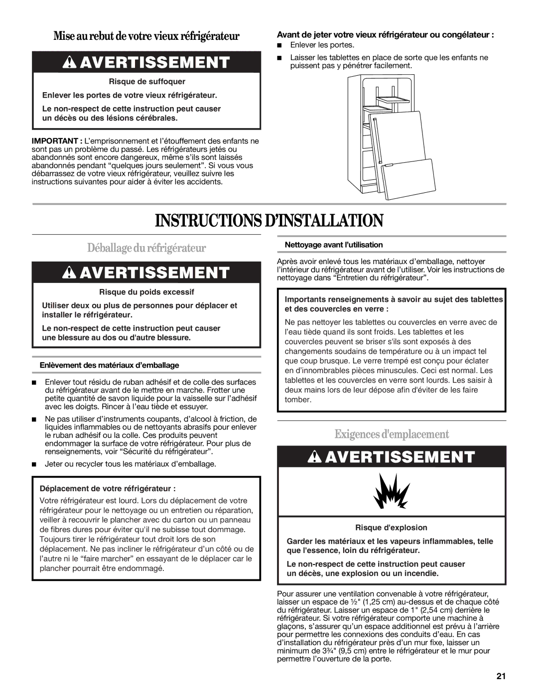 Whirlpool W10329360A Instructions D’INSTALLATION, Déballagedu réfrigérateur, Exigences demplacement 