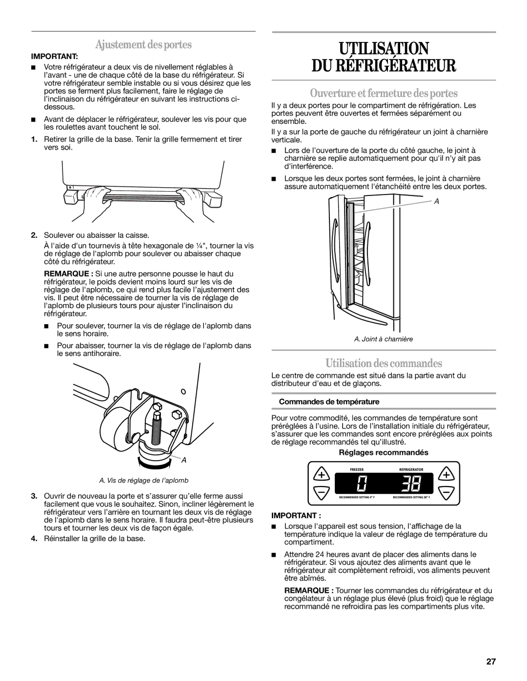 Whirlpool W10329360A Utilisation DU Réfrigérateur, Ajustement desportes, Ouverture et fermeture des portes 