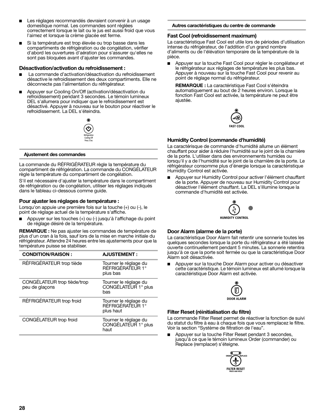 Whirlpool W10329360A Désactivation/activation du refroidissement, Pour ajuster les réglages de température 