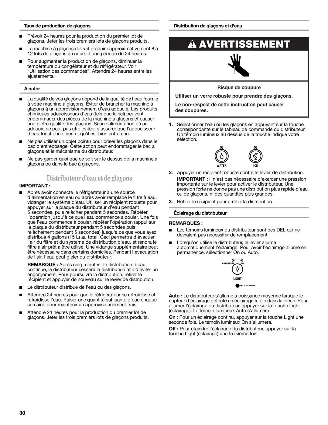 Whirlpool W10329360A Distributeur d’eau et de glaçons, Taux de production de glaçons, Distribution de glaçons et d’eau 