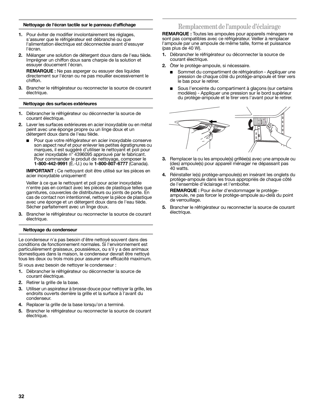 Whirlpool W10329360A Remplacement del’ampoule d’éclairage, Nettoyage de lécran tactile sur le panneau daffichage 