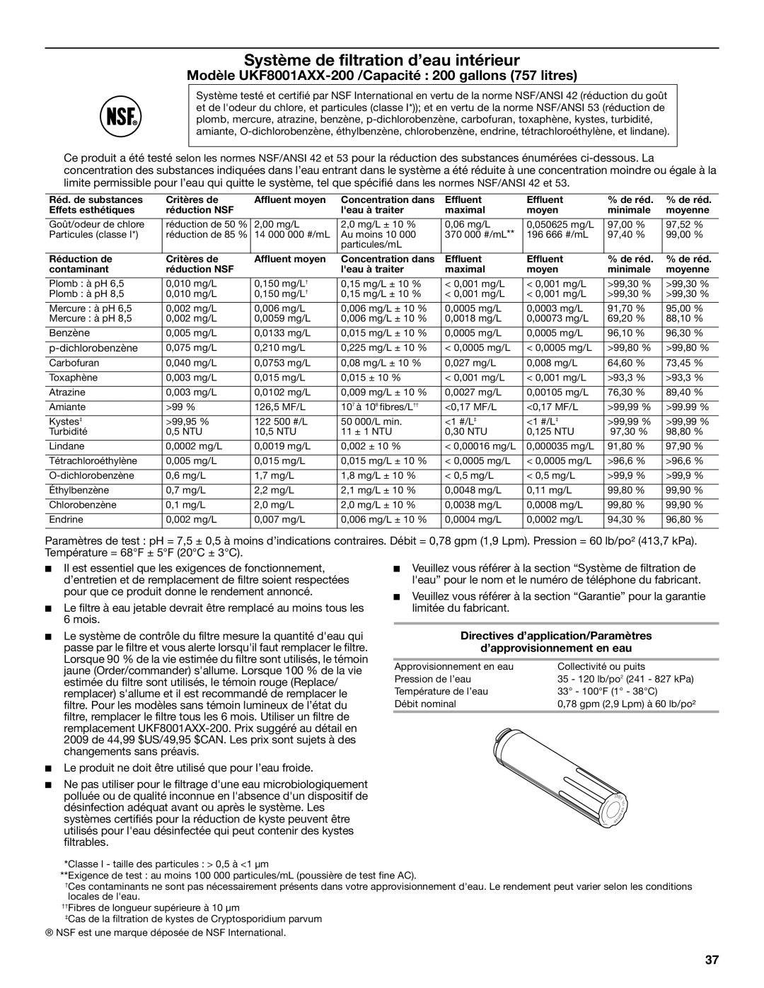 Whirlpool W10329360A installation instructions Modèle UKF8001AXX-200 /Capacité 200 gallons 757 litres 