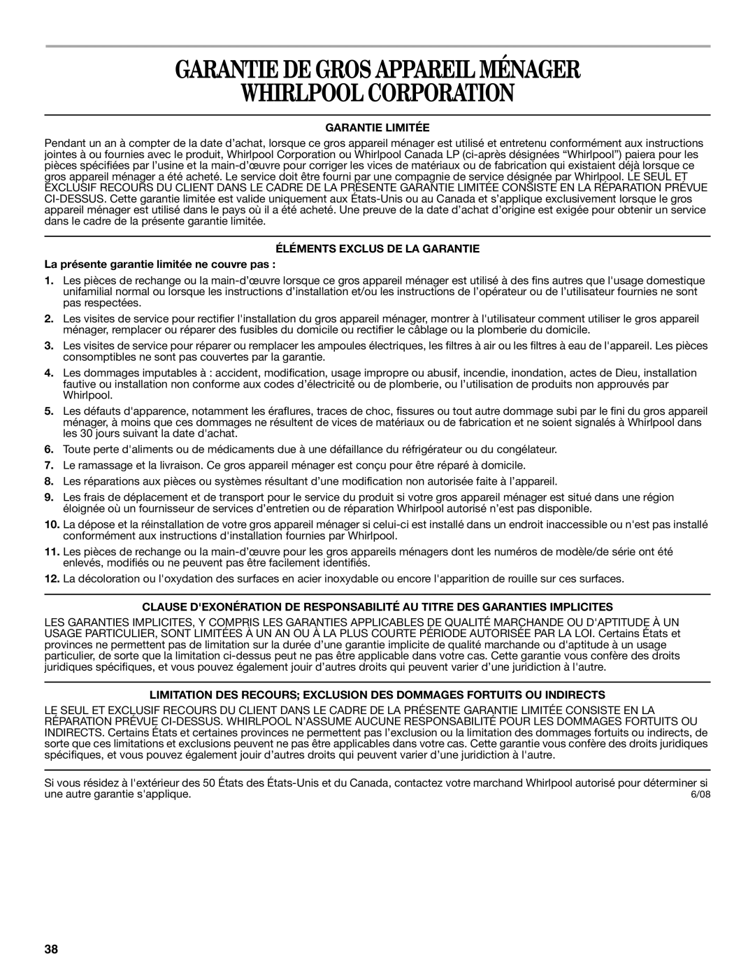 Whirlpool W10329360A installation instructions Garantie DE Gros Appareil Ménager Whirlpool Corporation, Garantie Limitée 