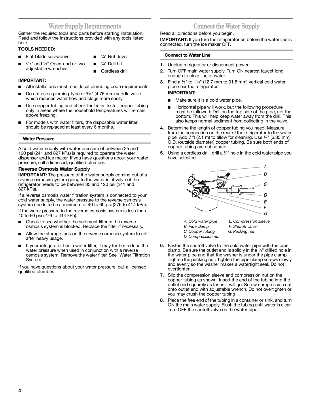 Whirlpool W10329360A Water Supply Requirements, Connect the Water Supply, Reverse Osmosis Water Supply, Tools Needed 