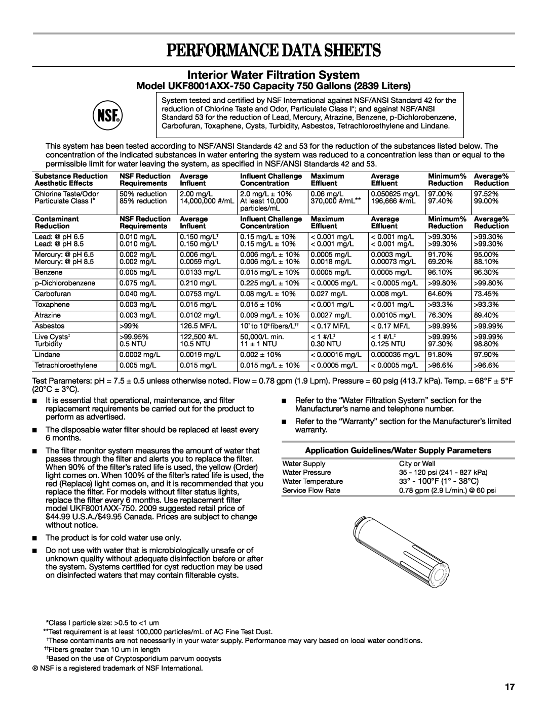 Whirlpool W10329360A installation instructions Performance Data Sheets, Interior Water Filtration System 