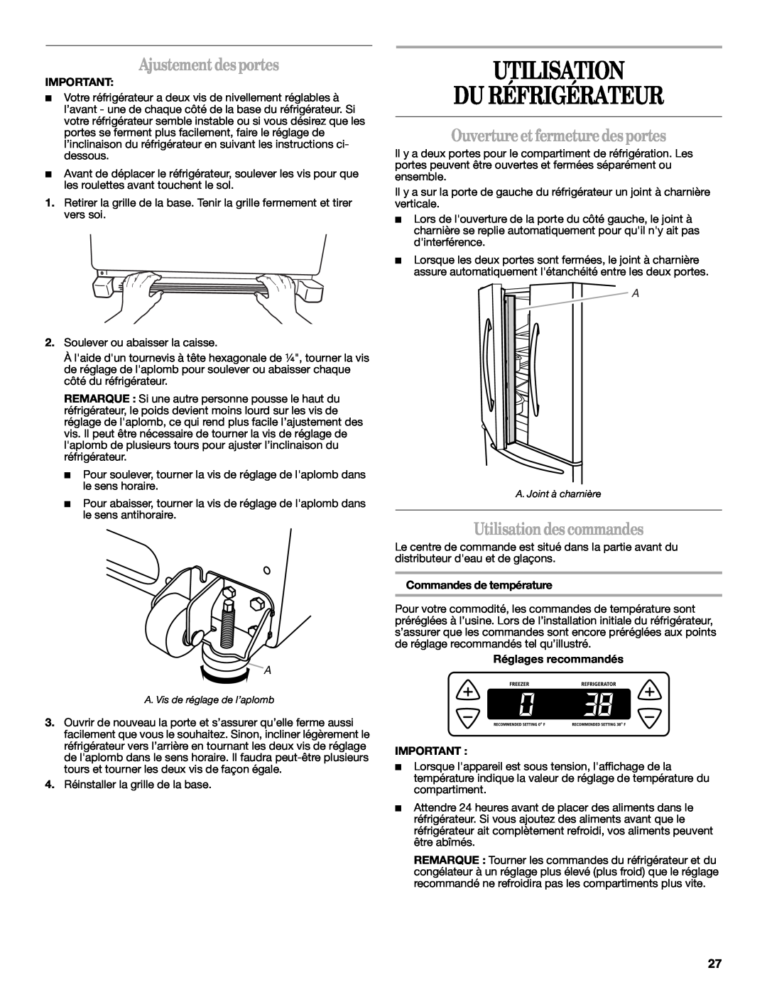 Whirlpool W10329360A Utilisation Du Réfrigérateur, Ajustement desportes, Ouverture et fermeture des portes 
