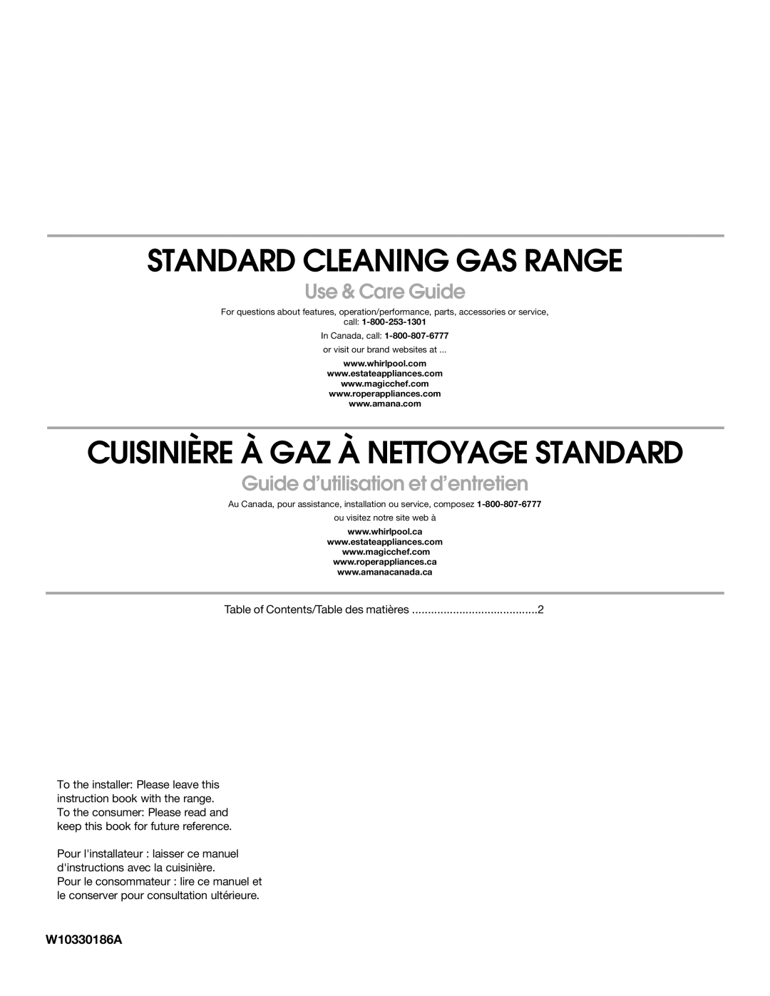 Whirlpool W10330186A manual Standard Cleaning GAS Range 