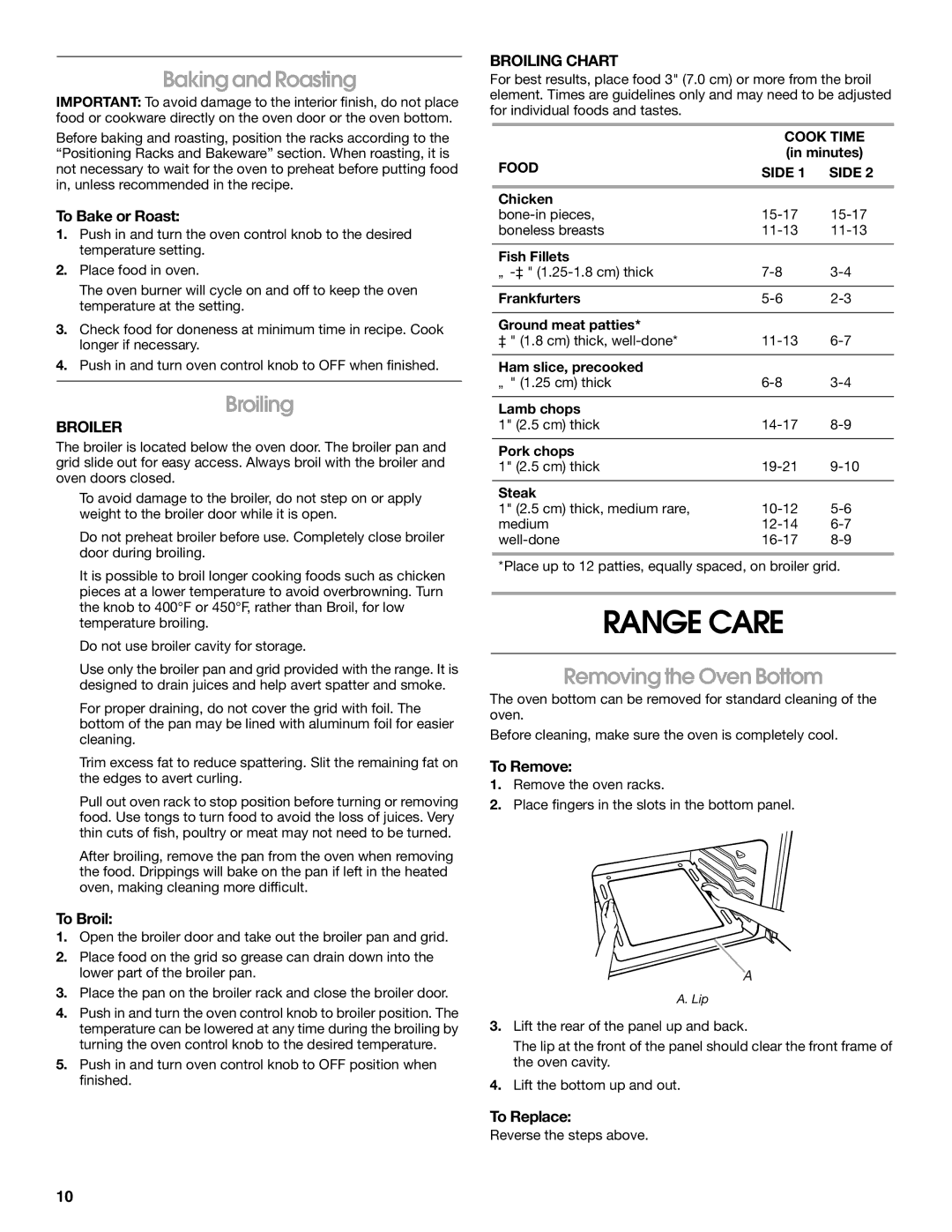 Whirlpool W10330186A manual Range Care, Baking and Roasting, Broiling, Removing the Oven Bottom 