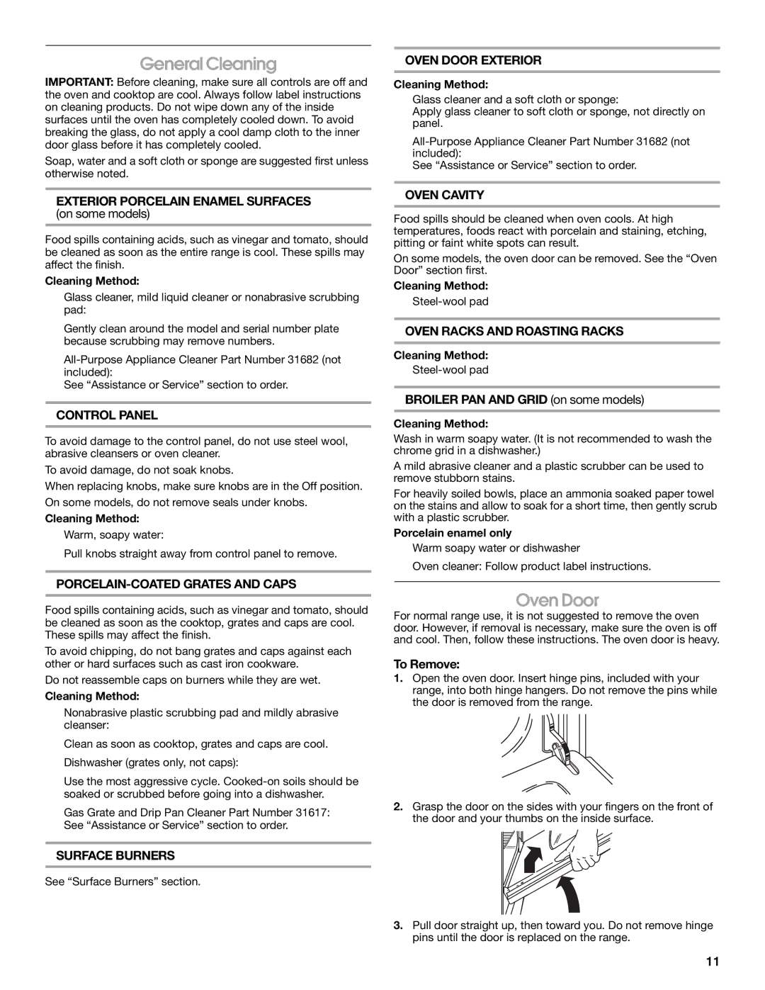 Whirlpool W10330186A manual General Cleaning, Oven Door 