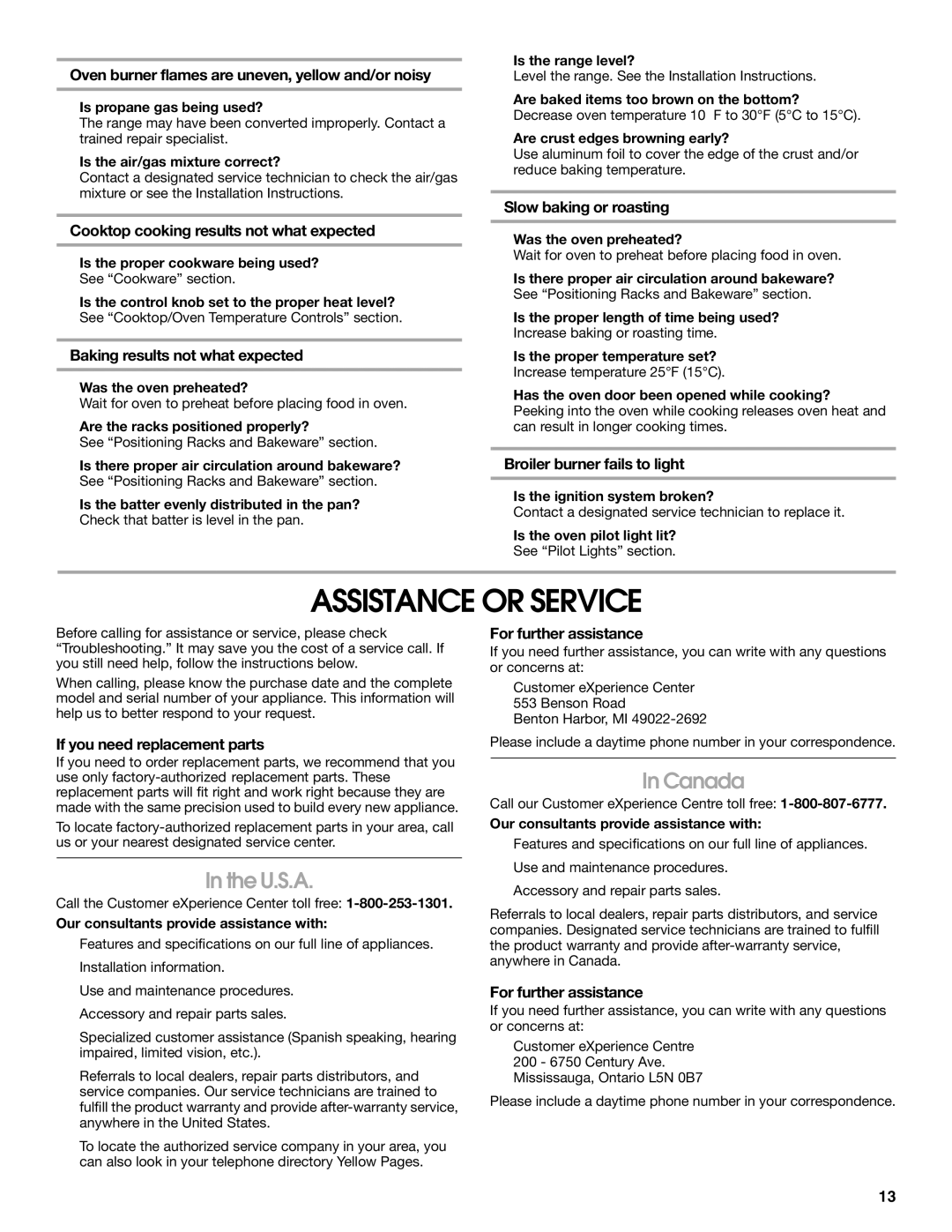 Whirlpool W10330186A manual Assistance or Service, U.S.A, Canada 