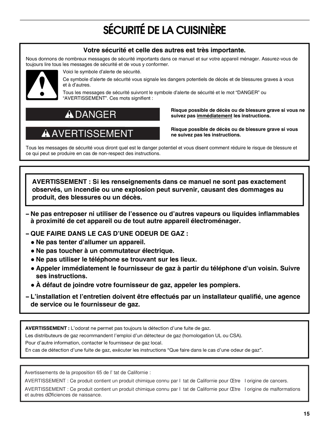 Whirlpool W10330186A manual Sécurité DE LA Cuisinière, Votre sécurité et celle des autres est très importante 